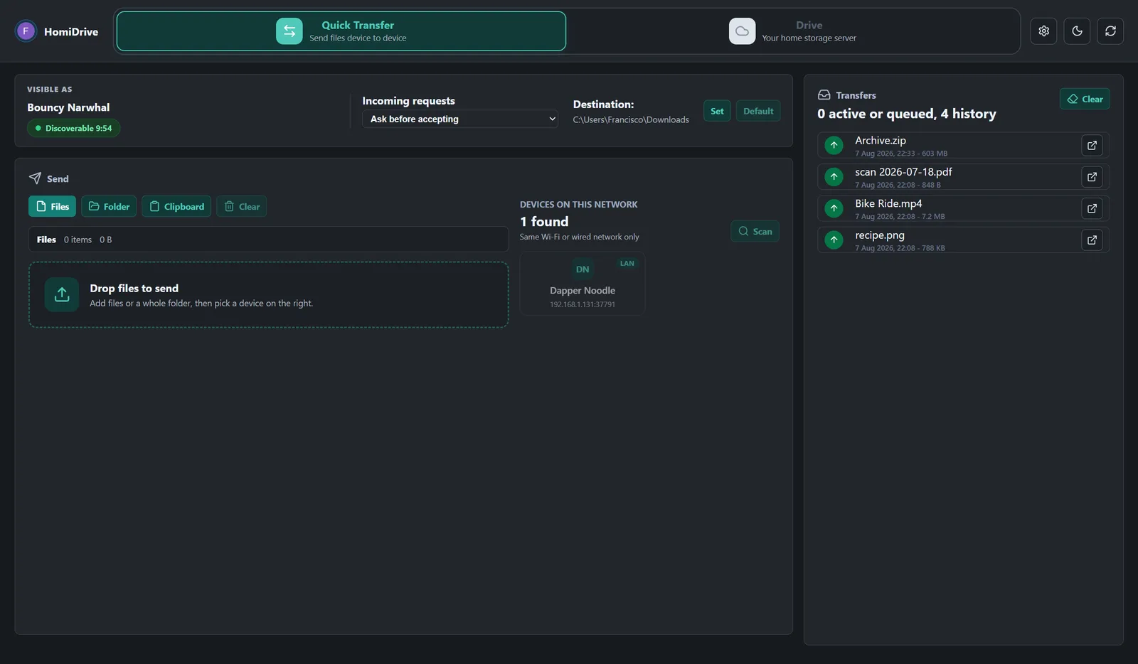 The Quick Transfer screen on Windows, showing a nearby phone and previous transfers